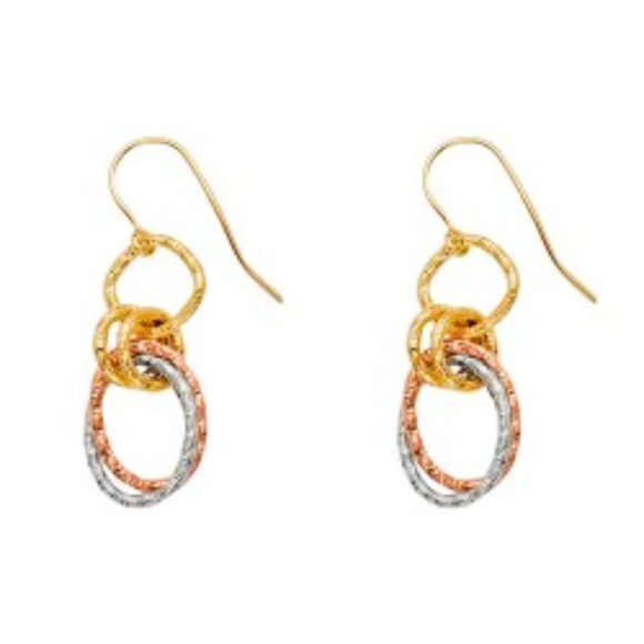 14k Tri Color Gold Wired Dangle Hanging Earrings